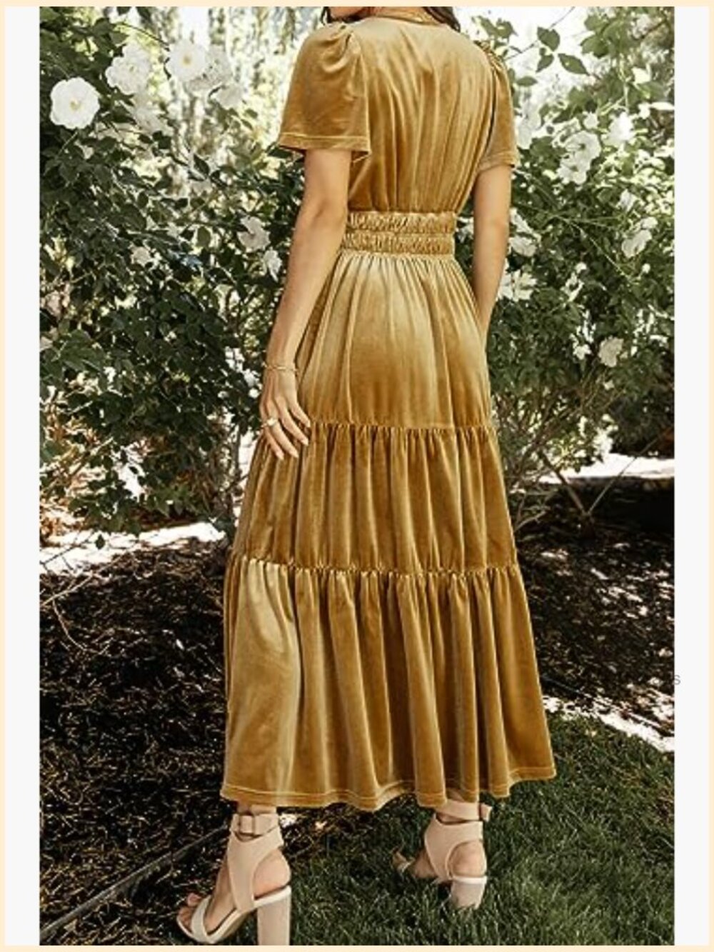 Velvet Short Sleeve V Neck Elastic Waist Tiered Ruffle A-Line Flowy Maxi Dress - Picture 4 of 7